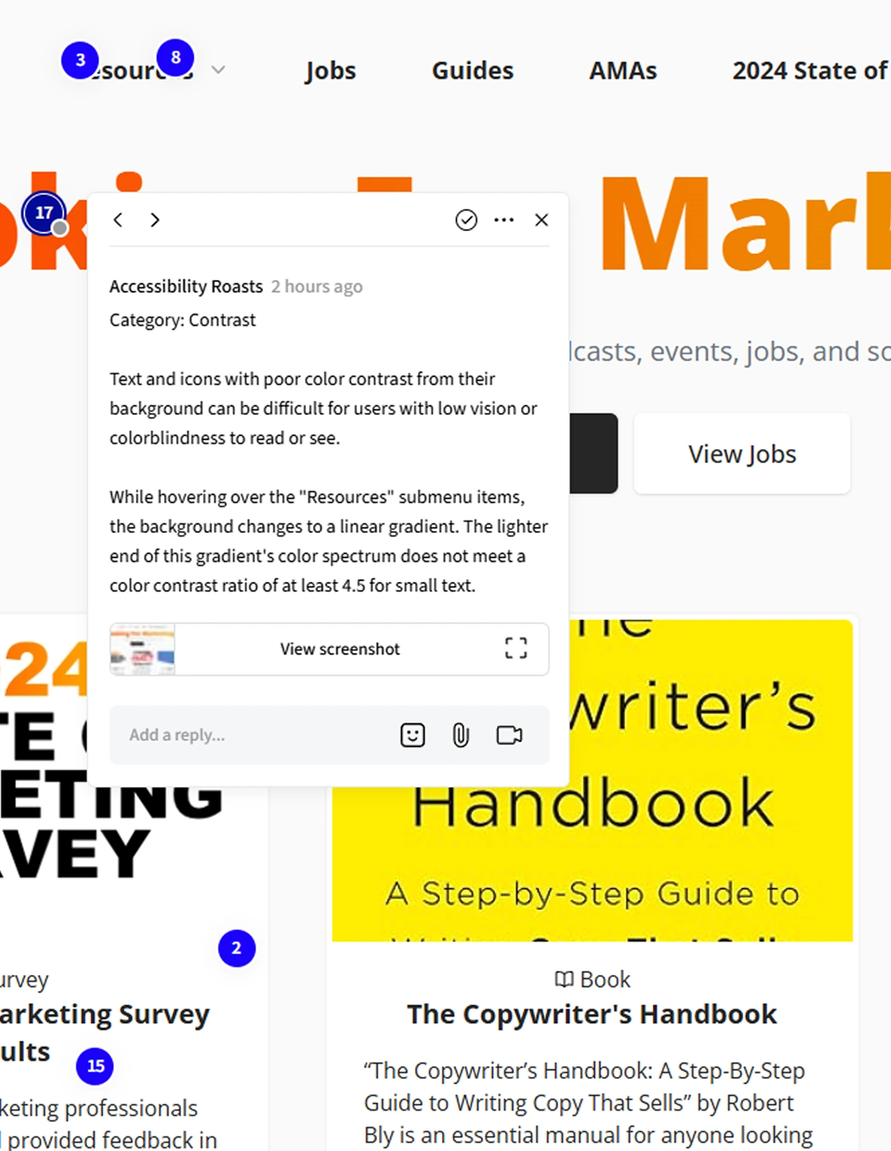 An accessibility roast demo featuring an interactive overlay of a webpage, complete with markers and annotations indicating accessibility issues on the page.